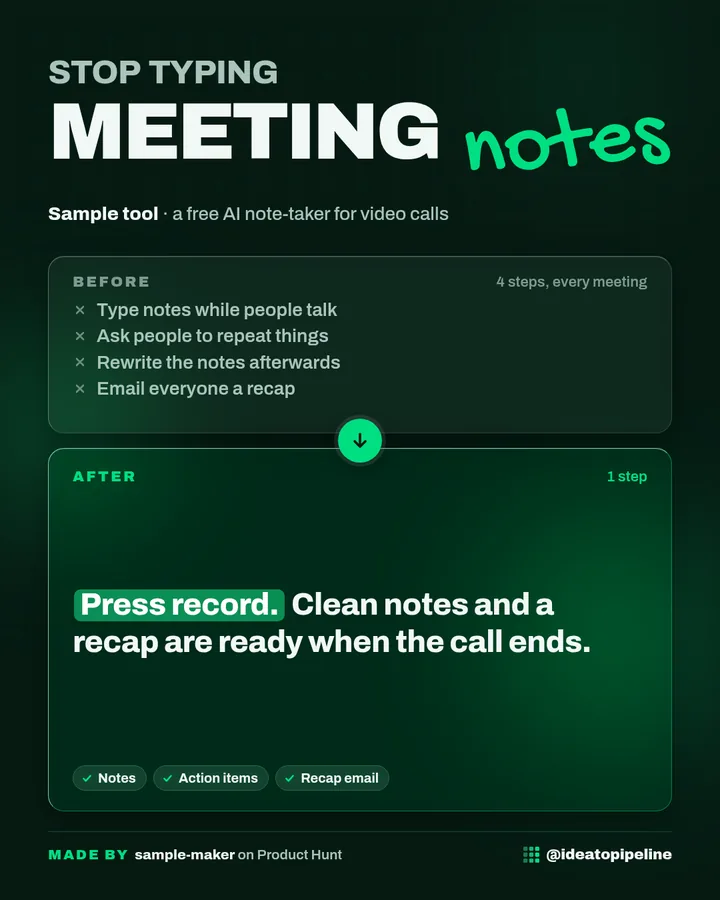 A Before/After post card: meeting notes typed by hand versus done by an AI tool
